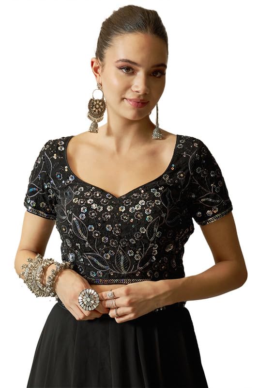 Soch Womens Black Georgette Botanical Pattern Sequin Embellished Unstitched Lehenga Set