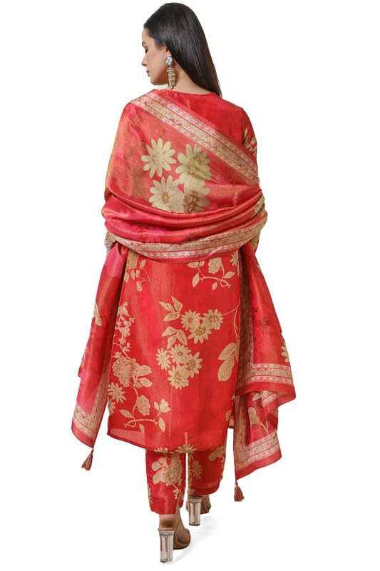 Soch Womens Orange Tissue Floral Print Suit Set with Dupatta