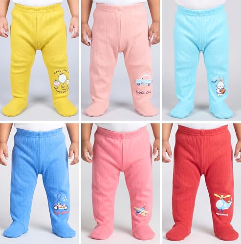 Funny Bear New Born Baby Pants with Booties/Socks Baby Leggings Cotton Pajama for Girl & Boys Combo 6 (Multi 1, 0-3 Months)