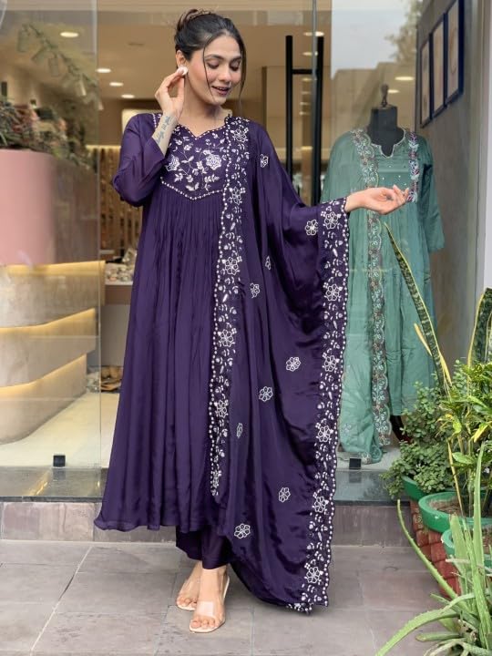 CICICA Salwar Suit Set With Dupatta For Women | Anarkali Chinon | Embroidery Set | Embroidered Suits | Flared Dress | Violet Kurta Set | Three Piece
