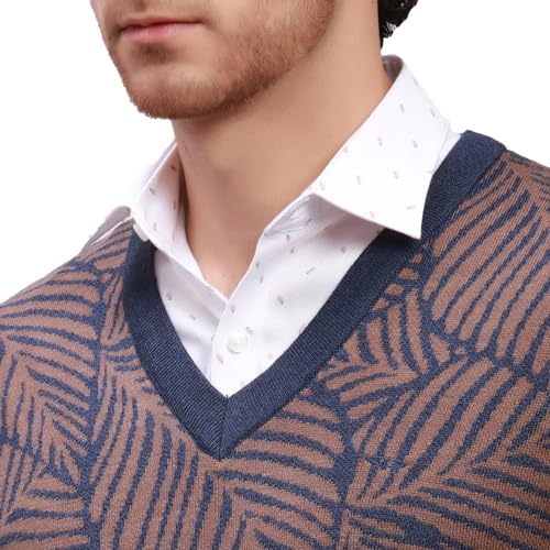 Colorplus Men's Tailored Fit Wool Blend Full Sleeve V Neck Jacquard Pattern Dark Blue Casual Sweater (Size: M)-CMWA03205-B6