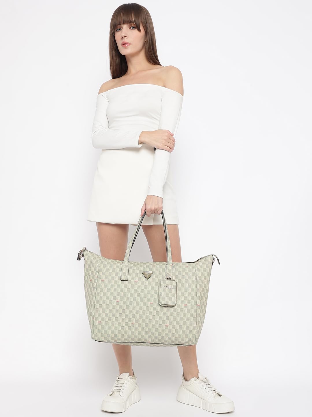 GUESS Sage Logo Checkered Carryon Large Tote Bag With Detachable Coin Pouch