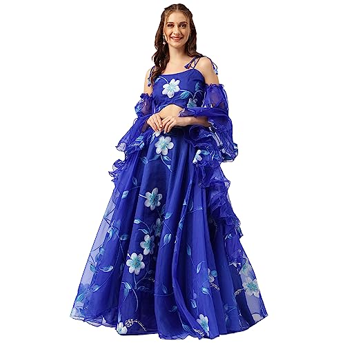 Divena Blue Floral Hand Paited Organza Lehenga choli with Friled Dupatta Set