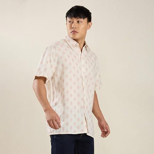 MARK & ALBERT Men's Linen Regular Fit Half Sleeves Casual Printed Stylish Shirt Pink