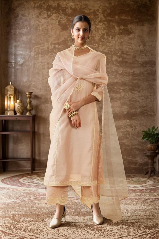 Soch Womens Onion Pink Chanderi Thread Embroidered A-Line Suit Set with Dupatta