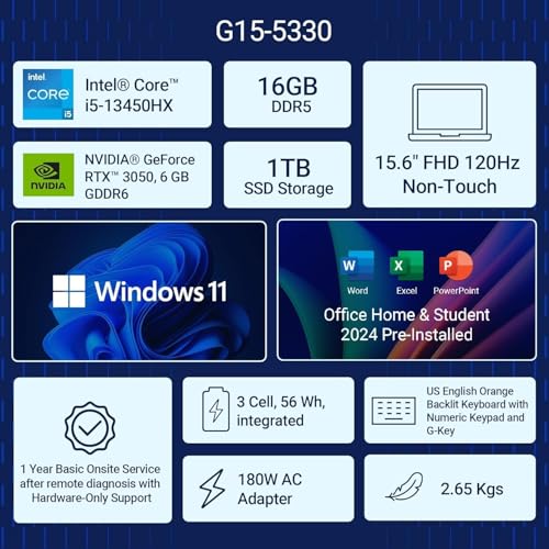 Dell G15-5530, Intel Core i5 13th Gen -13450HX, RTX 3050-6GB, 16GB DDR5, 512GB SSD, FHD, 15.6"/39.62cm, 120Hz, Windows 11, MS Office 21, Dark Shadow Grey, 2.65KG, G15-5530, Backlit KB, Gaming Laptop