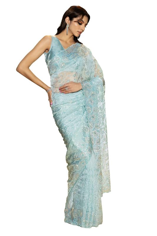 Soch Womens Powder Blue Organza Embroidered Saree With Stones And Sequins