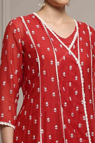 Biba Women Red Chanderi Embroidered Kalidar Suit Set_36