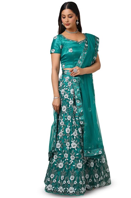 Soch Womens Teal Net Embellished Unstitch Ghagra Choli With Sequins