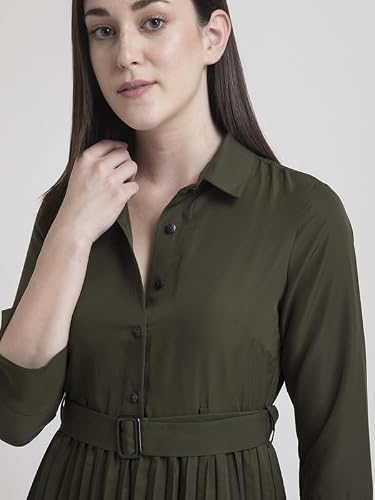 FableStreet Women's Polyester Collared Pleated Fit and Flare Midi Dress - Olive