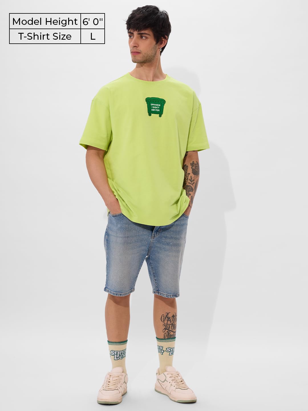 The Souled Store Trash Opinion Men and Boys Short Sleeves Round Neck Green Embroidered Cotton Oversized T-Shirts