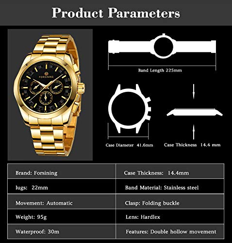 FORSINING Men's Waterproof Analog Quartz Watch Calendar Automatic Self-Wind Clock with Stainless Steel Belts Wristwatch, 1-Black and Gold, Quartz Watch