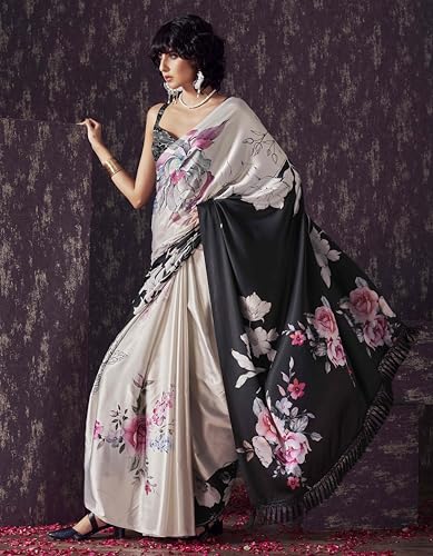 Womanista Women's Satin Two Way Floral Black Saree With Un-stitched blouse