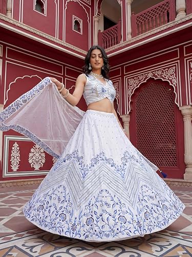 Zeel Clothing Women's Sequins Thread Embroidered Satin Designer Lehenga Choli With Dupatta (7079-White-Women-Lehenga-Choli-Set; Free Size)