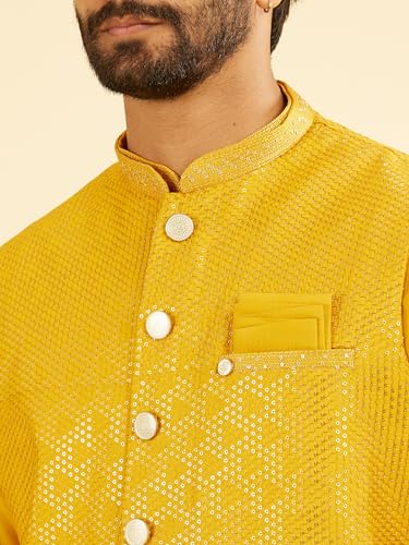 Manyavar Men's Viscose Blend Honeycomb Embroidery & Sequins Kurta Jacket Set (Mustard,L)