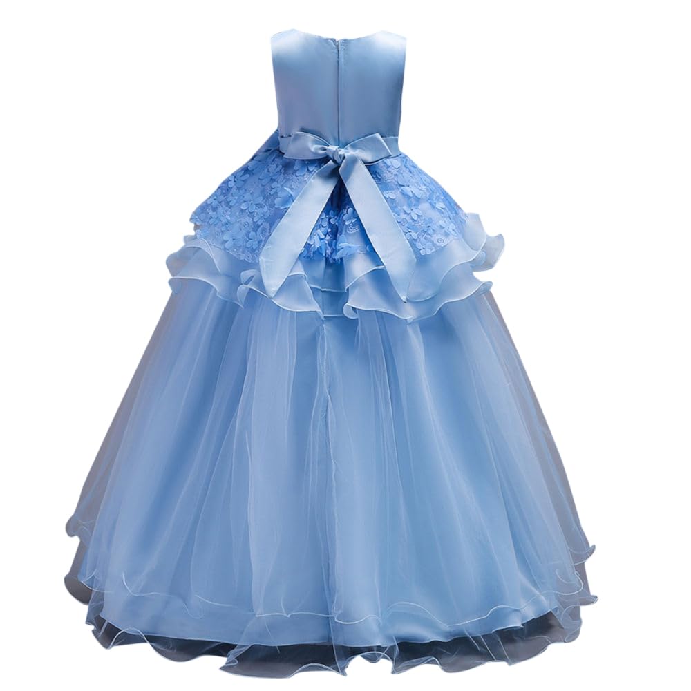 Hopscotch Girls Polyester and Viscose Sleeveless Floral Applique Slim Fit Gown in Blue Color For Ages 5-6 Years (XAC-4366199)