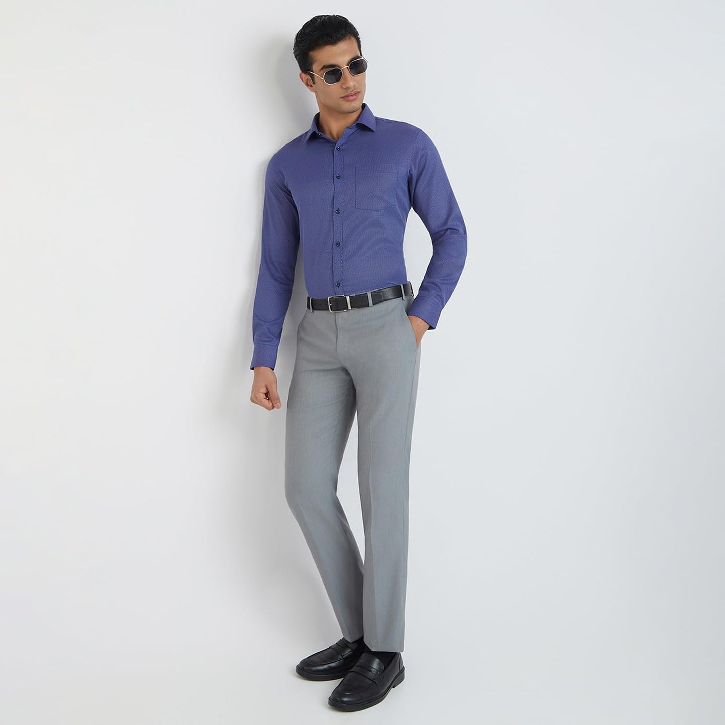 Park Avenue Men's Slim Fit Solid Pattern Poly Cotton Blend Semi Cutaway Collar Formal Shirt (Size: 46)-PMSX17837-B6 Dark Blue