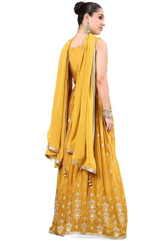 Soch Womens Mustard Zari Embroidery Chinon Ethnic Gown With Cutdana & Beads