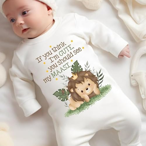 KNITROOT Maasi Theme, If You Think I'm Cute You Should See My Maasi Text Printed, Full Sleeves, Shoulder-Snap-Buttons, Cotton Jumpsuit, Rompers for New Born Baby, 0-3 Months, White, Infant Clothes