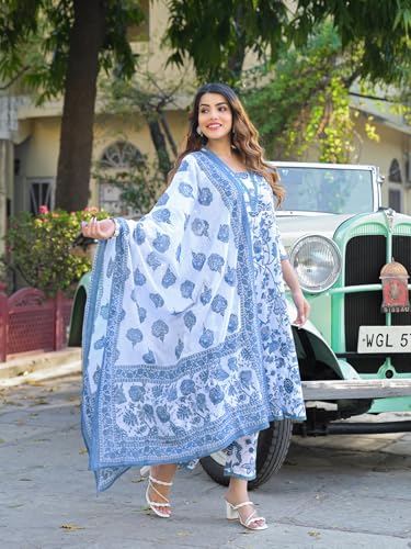Divena Blue Floral Printed Anarkali Pure Cotton Kurta with Trousers & Dupatta