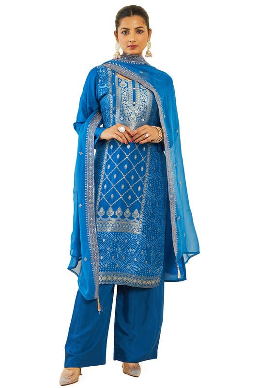 Soch Womens Blue Silk Unstitched Dress Material With Zari Woven Floral Designs And Embroidery