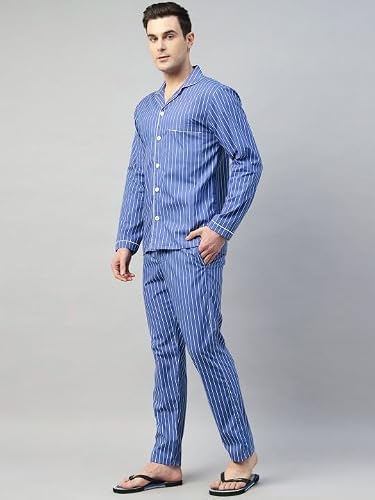 Hancock Men Cotton Printed Night Suit Blue & White Size L
