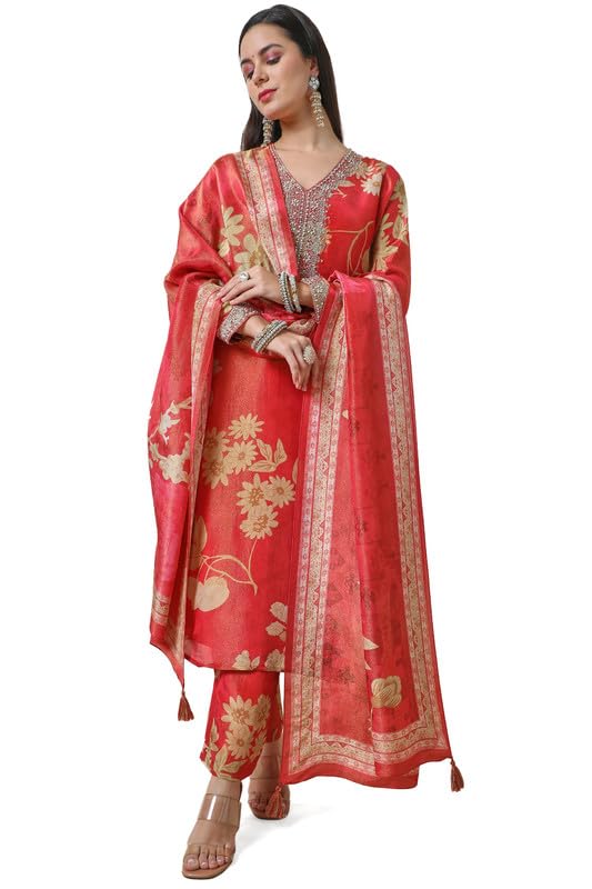 Soch Womens Orange Tissue Floral Print Suit Set with Dupatta