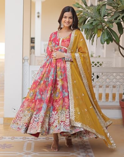 Fashion Basket Women's Pink Georgette Anarkali Kurta Set (Medium, Pink)