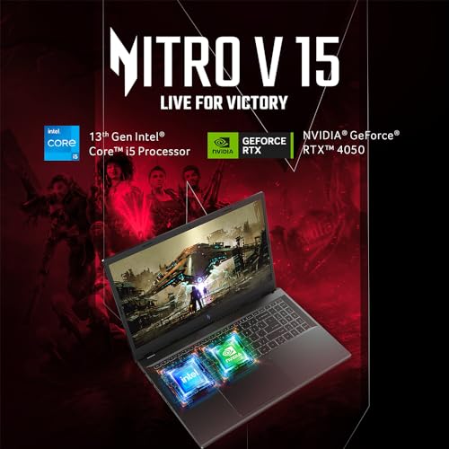 Acer Nitro V, Intel Core i5- 13th Gen 13420H processor, NVIDIA GeForce RTX 4050-6 GB GDDR6(16GB DDR5/512GB)IPS FHD, 39.62cm(15.6"), 165 Hz, Win 11 Home,Obsidian black, 2.113 kg, ANV15-51,Gaming Laptop