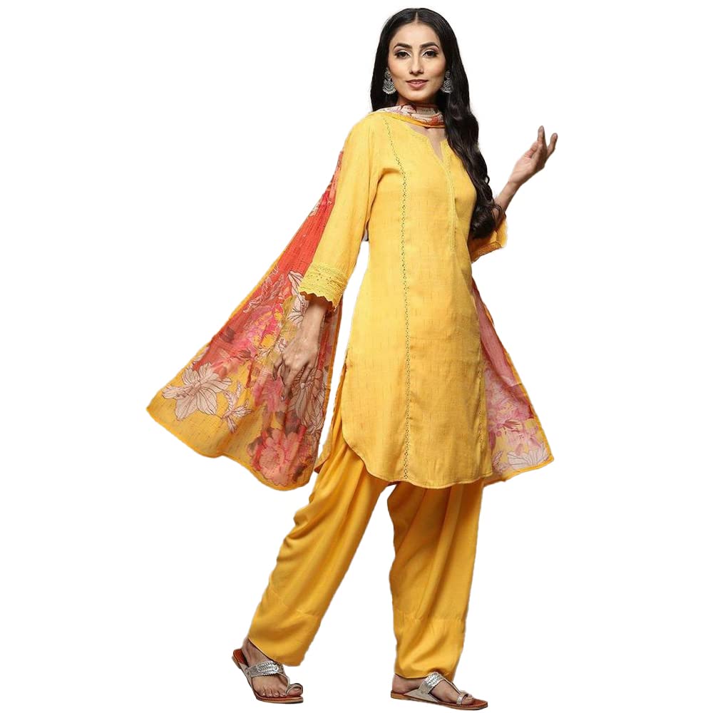 BIBA Women Viscose YARNDYED RELAXED SALWAR KURTA DUPATTA(SKDLOUNGE I8523_YELLOW_40)