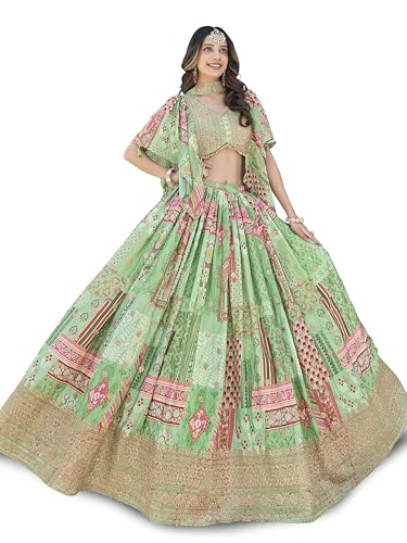 AG Clothing Women's Digital Print With Zari Dori Embroidery Work Chinnon Silk Lehenga Choli With Dupatta (ZC-Queen-7050-Green-Women-Lehenga-Choli-New; Free size)