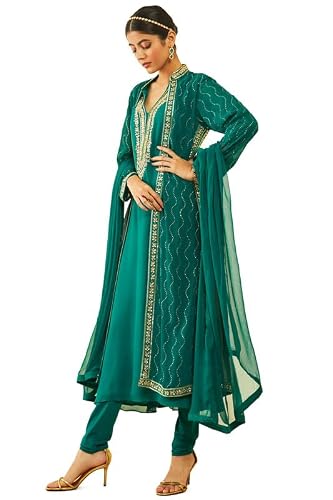 Soch Womens Green Georgette Floral Embroidered Chudidar Suit Set with Stonework(OWS2CD2108A)