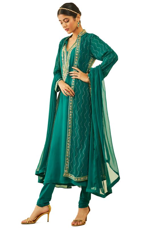 Soch Womens Green Georgette Floral Embroidered Chudidar Suit Set with Stonework(OWS2CD2108A)