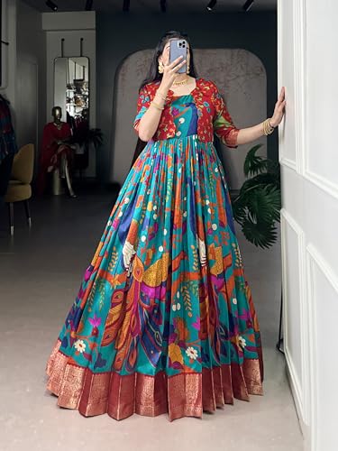 Yana fab Traditional Kalamkari Print Gown with Weaving Work (Firozi)