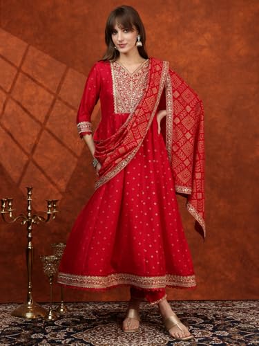 NIVANA Embroidered Anarkali Kurta with Pant & Bandhni Printed Dupatta | XXL | Hot Pink | V-Neck | 3/4 Sleeves