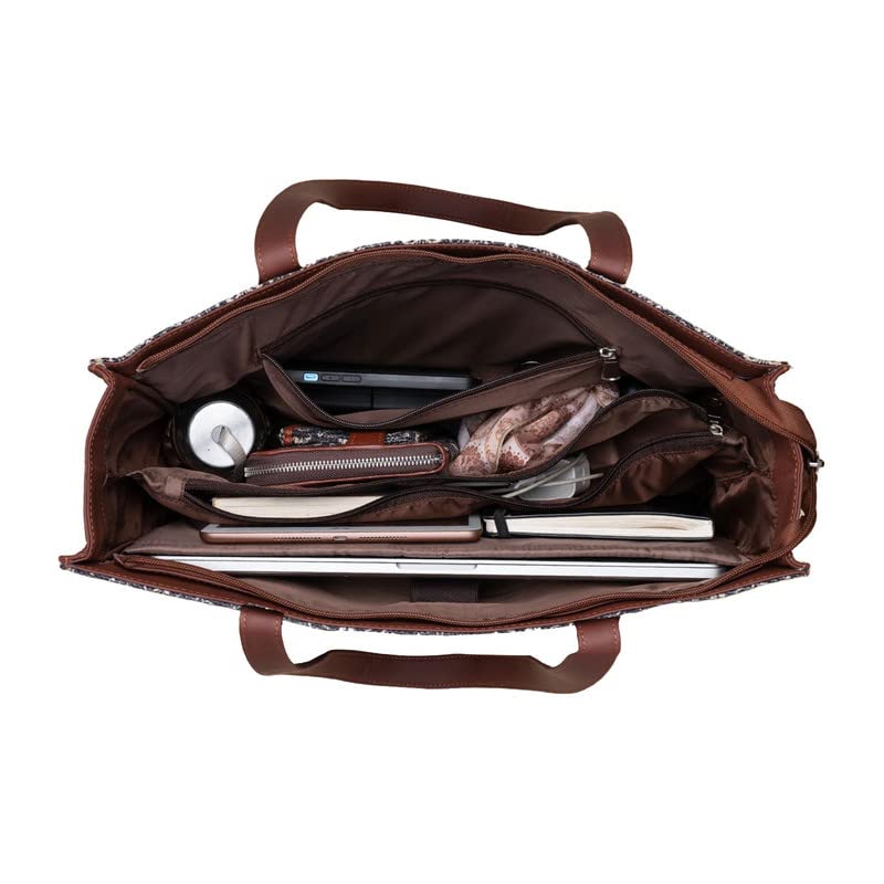 ZOUK FloMotif Floral Printed Jute Handcrafted Vegan Leather Women's Black Structured Tote Bag Contemporary