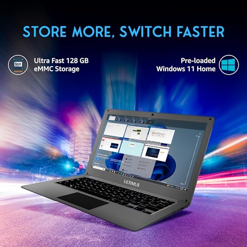 ULTIMUS Pro Intel Celeron Dual Core Laptop 4GB RAM, 128GB M.2 Emmc Expandable~512GB Intel HD Graphics 2.0x1 3.0x1 USB HDMI Sd Card Slot ‎LPDDR4 Dual Speaker Dual Microphone Win 11 Home Gray, 1.2 kg