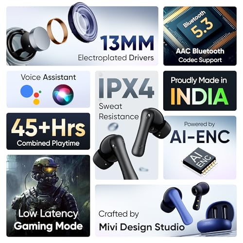Mivi DuoPods i2 True Wireless Earbuds - 45H+ Playtime, HD Calls, Fast Charging, 13mm Bass Drivers, IPX4 Sweatproof, v5.3 Bluetooth in Ear Ear Buds Wireless, Made in India