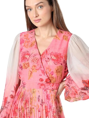 VERO MODA Women Floral Print Pink Polyester Knee Length Fit and Flare Dress