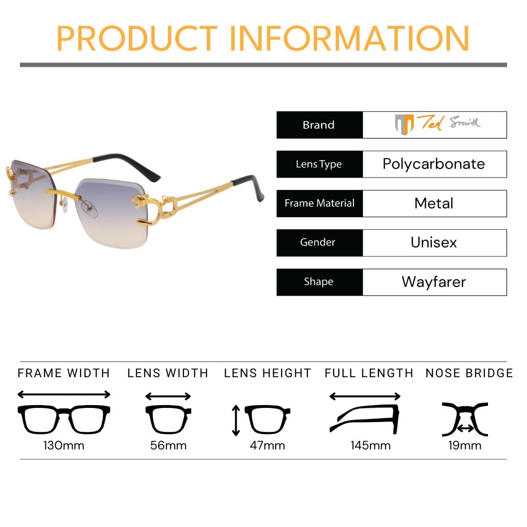 Ted Smith Men's Women's UV Protection Blue Yellow Lens Gold Square Sunglasses