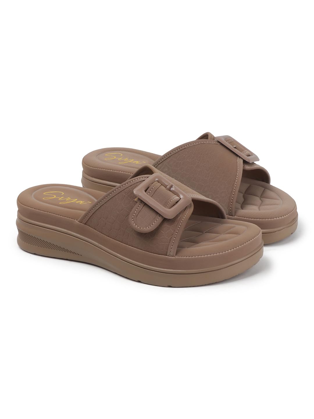 Elegant Slide Women Sandals with Bold Buckle and Soft Quilted Footbed for Everyday Comfort (Chiku, UK Footwear Size System, Adult, Women, Numeric, Medium, 9)