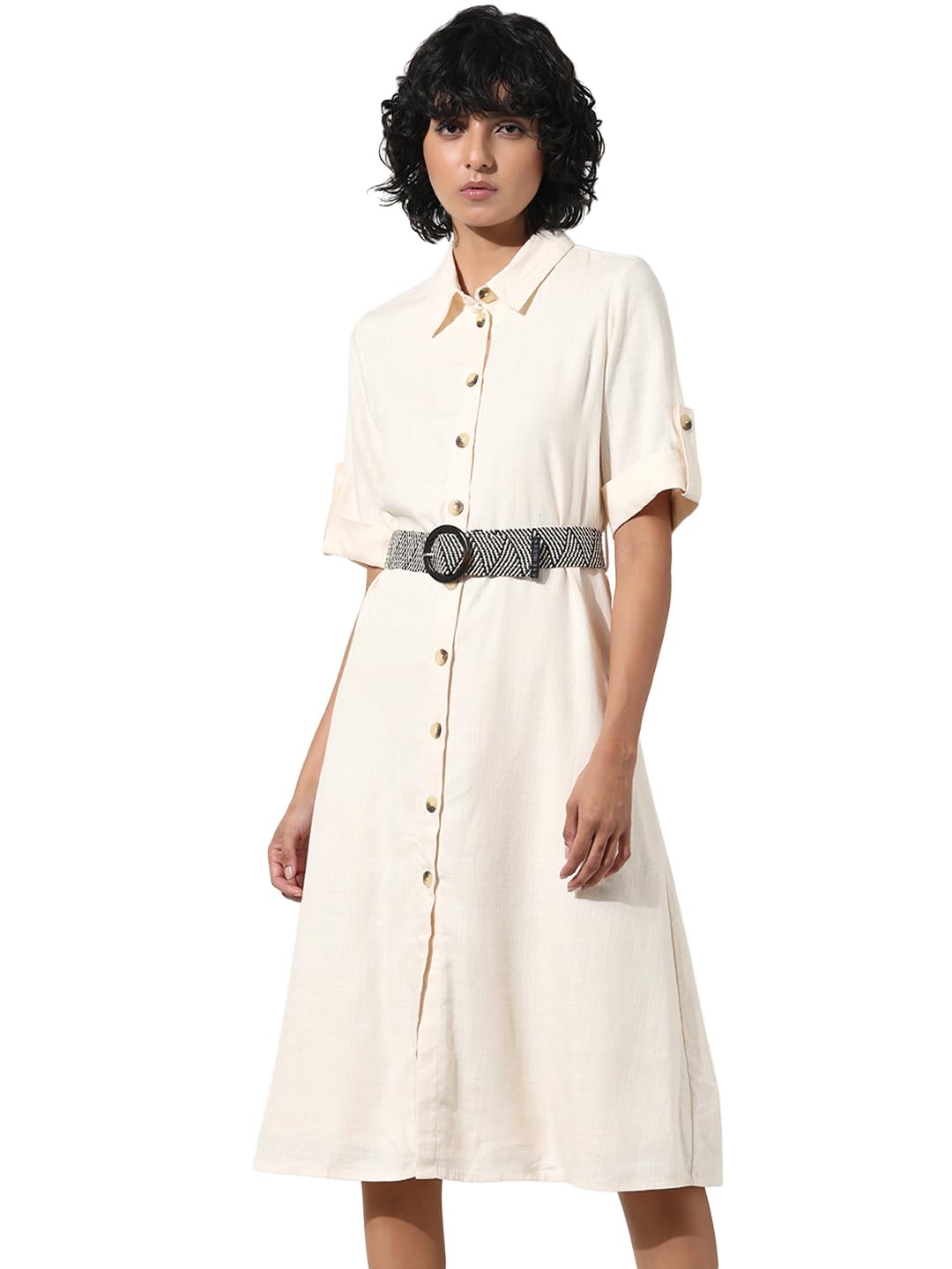 ONLY Women Solid Viscose Midi Cream Shirt Dress