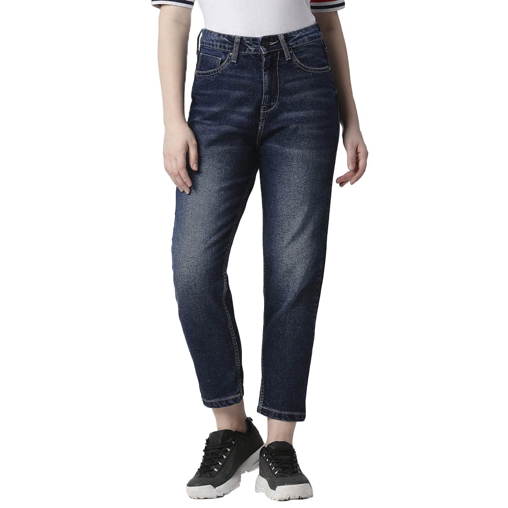 Pepe Jeans Solid Cotton Tapered Fit High Rise Women's Jeans (Blue, Size_28)