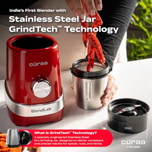 Cüraa by YFL home BlendLab Mixer Grinder for kitchen – 3 Jars | 100% Copper Motor | Stainless Steel Jar for Spice Grinding & Chutneys | Compact Smoothie Blender | Smoothies Maker | 2 Year Warranty