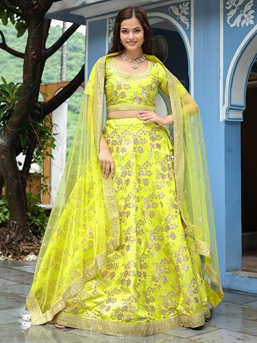 Zeel Clothing Art Silk Zari And Sequins Embroidered Art Silk Semi Stitched Lehenga Choli Set Women (7028-Neon-Wedding-Bridal-Designer-Latest-New; Free Size) (Neon), Green
