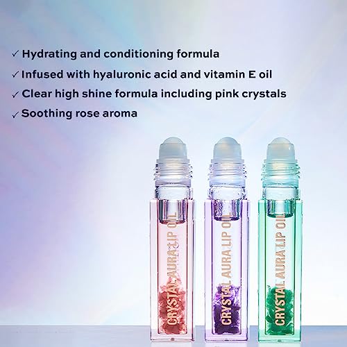 Makeup Revolution Crystal Aura Lip Oil Aventurine | Hydrating and conditioning formula |infused with hyaluronic acid and vitamin E oil |Clear high shine formula including pink crystals|2.5ml