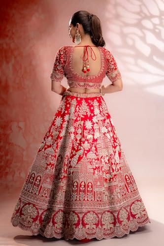 Women's Red Zardosi Embroidered Silk Bridal Lehenga