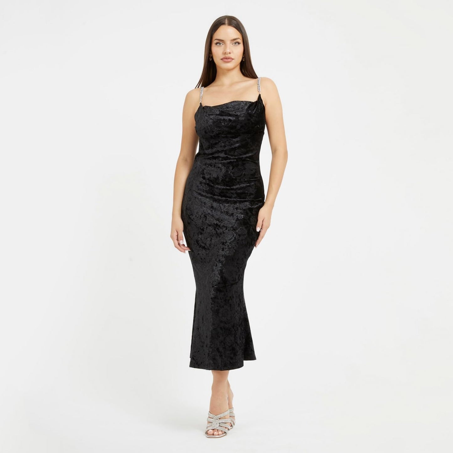 GUESS Women's Black Polyester Blend Printed Regular Fit Shoulder Straps Sleeveless Dress