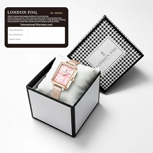 London Fog Victoria Collection Analog Quartz Watch for Women with Pink Textured Dial and Rose Gold Mesh Strap, Rectangular Metal Case and Mineral Glass - LFW20006-44