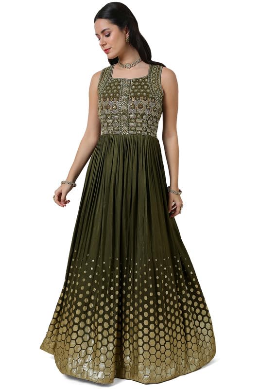 Soch Womens Green Embellished Silk Blend Gown with Mirror Work
